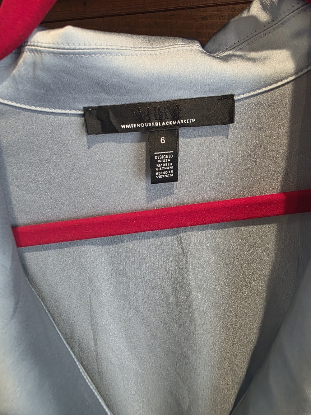 White House Black Market Light Blue Satin Wrap Blouse with Tie - Picture 4 of 6